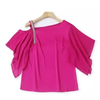 1L/26 Summer New Foreign Trade Women Youth Fashion Loose Western Style Sloping Shoulder Pullover Short sleeve Solid Chiffon Small Shirt Purple red (1O/3 Slight flaw) M