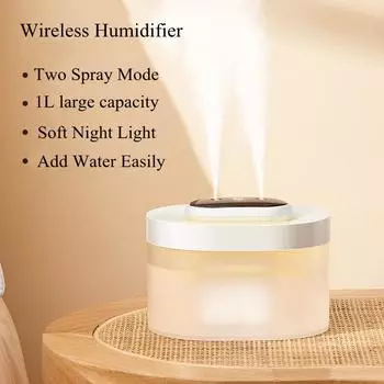 1L Double Nozzle LED Air Humidifier 2000mAh Rechargeable Battery Wireless Ultrasonic Aroma Water Diffuser USB Mist Maker Fogger белый
