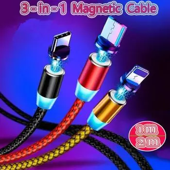 1M 2M 360 Круглый магнитный светодиодный прочный нейлон Micro USB C для зарядного кабеля iPhone 1M Cable+Micro USB Plug чёрный