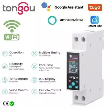 1P 50A Tuya WIFI Smart Switch Автоматический выключатель LED Счетчик энергии кВтч Измерение мощности Таймер Реле Пульт дистанционного управления Smart Life APP 1-50A adjustable