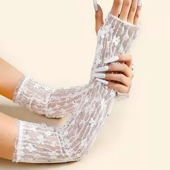 1Pair Mesh Gloves Hollow Out Shiny Rhinestone Exposed Finger Retro Sexy Sunscreen With Elastic Long Mitten Party Supplies чёрный