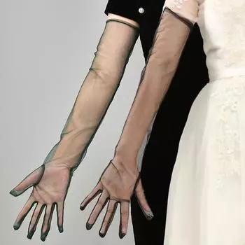 1Pair Tulle Breathable Bridal Gloves Women s Fashion Sunscreen Gloves Wedding Long Glove Anti-UV Mittens Black Soft 55cm