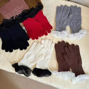 1Pair Women Winter Warm Cycling Riding Gloves Outdoor Activities Windproof Cold Proof Lace Decorative Gloves