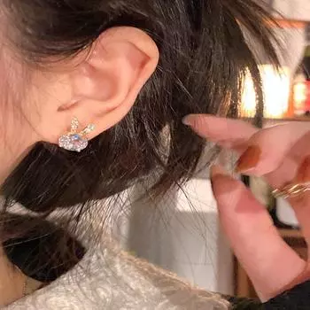 1Pair Zircon Rabbit Ear Stud Simple Diamond Shinny Earrings onesize