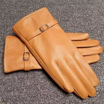 1ПАРА женских перчаток из овчины, кожаные теплые зимние перчатки из утолщенного бархата, деловые подарки One size чёрный