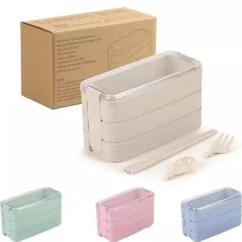 1pc 1000ML 3-layers Wheat Straw Lunch Box With Dinnerware Detachable Microwavable Hermetic Bento Box For Adults School Office бежевый