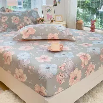 1Pc 100%Cotton Bed Sheet Flower Printed Mattress Cover Single/Queen/King Fitted Bedsheet Double Bed Sheets (Without Pillowcase) Single90x200x25cm1pc