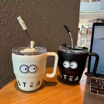 1pc 16oz Mug with Straw Stainless Steel Coffee Mug Coffee Cups Portable Water Bottle with Handle and Lid for Outdoor Fitness 480ml чёрный