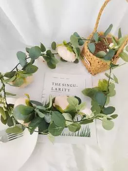 1Pc 1.75m Flower Garland with Fake Peony Artificial Eucalyptus Flower Vine Seeded Eucalyptus Leaves Greenery Garland for Wedding Table Party Decor розовый