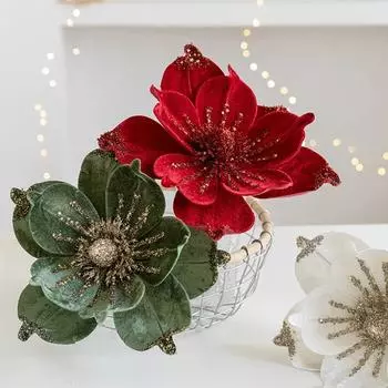 1pc 24cm Christmas Flowers Glitter Red Gold Pink Green Flower Head Xmas Trees Ornaments For Home Party Navidad 2024 New Year красный