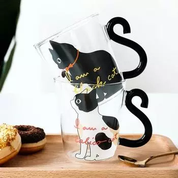 1pc 250ml Creative Cat Glass Coffee Mug Cute Milk Tea Juice Water Cup With Handle Home Kitchenware Office Drinkware Tumbler Gift 250ml