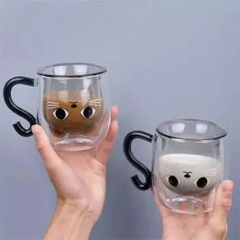 1pc 250ml Cute Double Walled Coffee Cat Mug with Handle Kawaii Cat Presents Glass Mug Tea Cup Cute Birthday Gifts for Cat Lovers 201-300ml