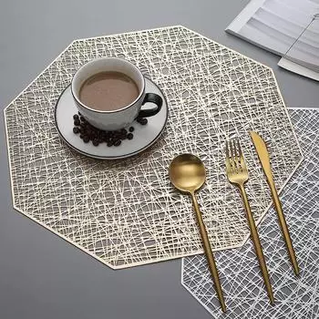 1Pc 38x38cm Octagonal Hollow Insulation Pad PVC Table Mat Home Restaurant Dinner Placemat Coaster Holiday Party Decor 38x38cm золотой