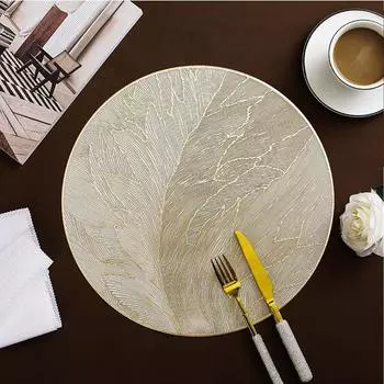 1Pc 38x38cm Round Feather Pattern Hollow Dining Heat Insulation PVC Table Mat Coffee Cup Dish Coaster Placemat 38x38cm золотой