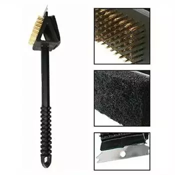 1pc 3 In 1 Corner Copper Wire Brush Barbecue Grill Oven Cleaning Bbq Brush Copper Wire Sponge Shovel Long Handle