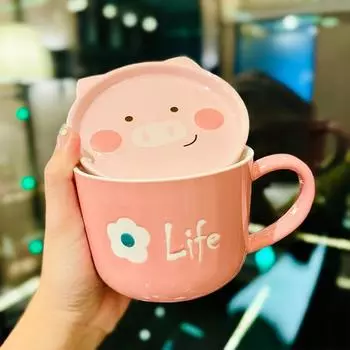 1PC 450ML 3D Cartoon Animal Pig Dog Ceramic Mug With Lid Breakfast Oatmeal Cup And Saucer Milk Coffee Mug With Lid 401-500ml чёрный