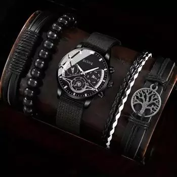 1pc/5pcs/set, 1pc Fashion Men s Business quartz watch/1pc Nylon Strap Wrist Watch & 4pcs Bracelets Set, Mens Gifts