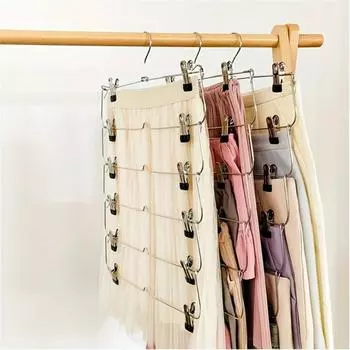 1Pc 6 Layer Clothes Hangers Multilayer Skirt Trouser Hanger for Pants Non Slip Metal Hanger Clips Clothing Storage Rack Holder чёрный