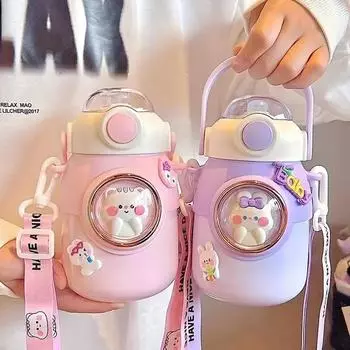 1pc 700ml Cute Cartoon Water Bottle with Straw Stainless Steel Thermos Bottle Portable Leak-Proof Jug for Student School Travel 700ml
