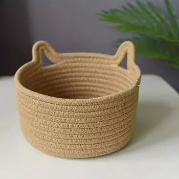 1Pc Adorable Cat Ear Decorative Storage Basket - Durable Cotton Woven Desk Organizer For Stationery, Sundries