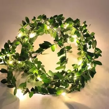 1pc Artificial Green Leaf LED String Lights, LED String Lights Battery Operated Vine Fairy String Lights Hanging Garland Copper 2M