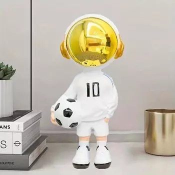 1pc Astronaut Football Figurine,Creative Resin Home,Office Decor,Blue/White Soccer Player Astronauts with Golden Helmets, Fun Sports,Themed Decoration