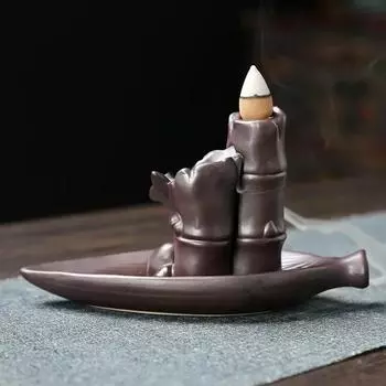 1pc, Bamboo Boat Purple Clay Handicrafts Sandalwood Waterfall Backflow Incense Burner Incense Holder Censer Home Ornament Decor
