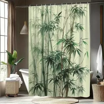 1pc Bamboo Shower Curtain, Fresh Natural Bamboo Forest Bathroom Decor, Polyester Fabric with 12 Hooks, 70. 8x70. 8 Inches W90xH180cm