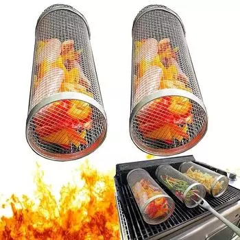 1PC Barbecue Grill Grate Barbecue Cages Camping Picnic Cookware Outdoor Round BBQ Campfire Grill Grid Rolling Grill Basket