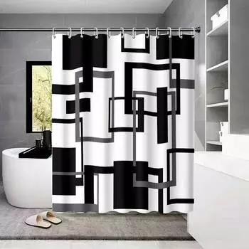 1pc Black and White Abstract Geometry Shower Curtain,with 12 Hooks,Machine Washable, for Shower Partition and Privacy Protection 90x180cm