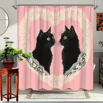 1pc black cat shower curtain with pink lace heart design-elegant animal print bathroom decoration, 70.8 x 70.8 inches W90xH180cm
