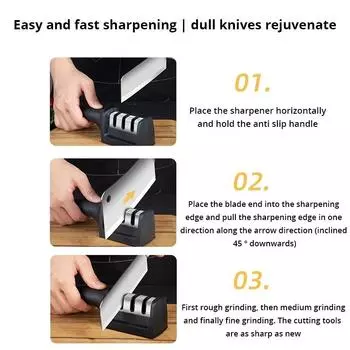 1Pc Black Kitchen Three Segment Knife Sharpener Fast Sharpening Professional Scissors Household Multi-Functional Tool 21.5x5.2cm