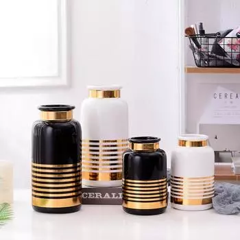 1 шт. Черно-белая керамическая ваза с золотым дизайном, ваза для цветов, контейнер для посадки воды, декоративная настольная ваза для дома