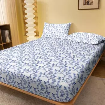 1Pc Blue And White Magpie Pattern Brushed Fitted Sheet, Printed Bed Cover For Bedroom, Bedding (Excluding Pillowcases) 71x132cm