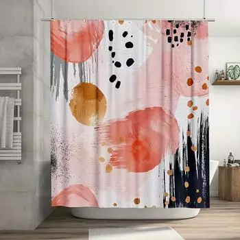 1pc Blush & Golden Abstract Shower Curtain - 180.34x180.34 cm Polyester, Fashionable Summer Bathroom Decor with 12 Plastic Hooks 90x180cm