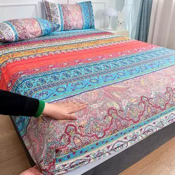 1Pc Bohemia Bed Sheet For Double Bed Single/Queen Fitted Bed Sheet With Elastic Band Reactive Printed Mattress Cover 180X200Cm 90x200x25cm 1pc