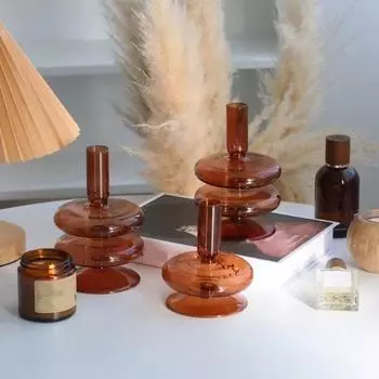 1PC Brown Candle Holder Vintage Glass Candlestick Home Decor Transparent Romantic Gift Glass European Nordic S
