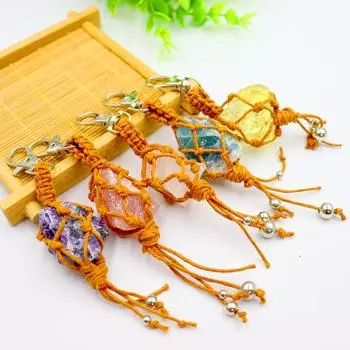 1Pc Car Hanging INS Crystal Tassel Keychain Vintage Style Mesh Bag Weaving Fashion Pendant Natural Crystal Hang Bag