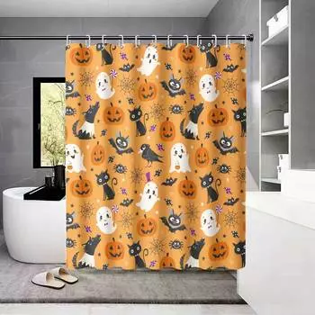1pc Cartoon Halloween Theme Print Shower Curtain, with 12 Hooks, Machine Washable, for Shower Partition and Privacy Protection 90x180cm