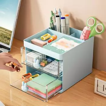 1PC Cartoon Storage Box Stationery Large Capacity Pen Holder Multi-functional Makeup Brush Storage Student Office Supplies синий