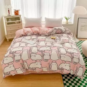 1Pc Cartoon White Cat Pattern Duvet Cover 100% Cotton Comfortable Skin-friendly Comforter Cover for Kids Girls Bedroom Decor 150x200cm Single 1Pc
