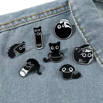 1Pc Cat Brooch Jewelry Gifts Cartoon Animal Lapel Pins Bag Accessories Clothing Decor Cute Badges Black Kitten