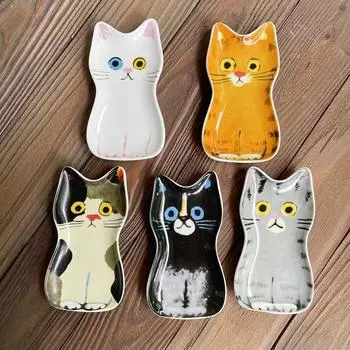 1PC Cat Sauces Dishes Cute Cat Ceramics Dish Home Seasoning Plate Japanese Spoon Holder Restauarant Kitchen