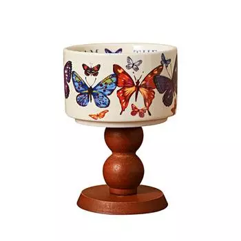 1PC Ceramic Creative Ice Cream Pudding Cup with Wooden Base Retro Dessert Cup High Footed Candle Holder 220ML