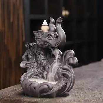 1pc Ceramic Handicrafts Lucky Feng Shui Elephant & Dragon Home Decoration Backflow Incense Burner Incense Waterfall Censer