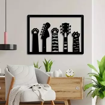 1pc Charming Metal Guitars & Cat Paw Wall Decor - Sculpture for Home Office Aesthetics светло-серый