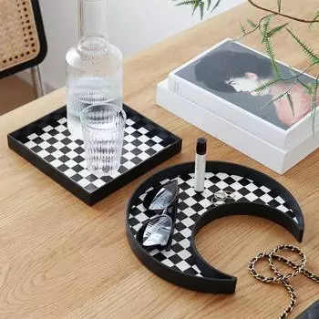 1PC Checkerboard Tray Office Black And White Desktop Square Moon Ins Style Filing Tray Nordic Crescent-shaped Storage Tray Home