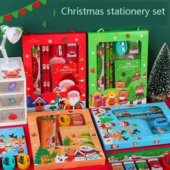 1pc Christmas Children s Stationery Set Cartoon Pencil Eraser Ruler Notepad Pencil Sharpener Set 6 Sets Christmas New Year Gifts красный