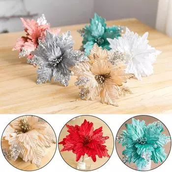 1PC Christmas Poinsettia Glitter Artificial Flowers Xmas Tree Party Decoration Christmas Tree Decoration Flower Sequin серебряный