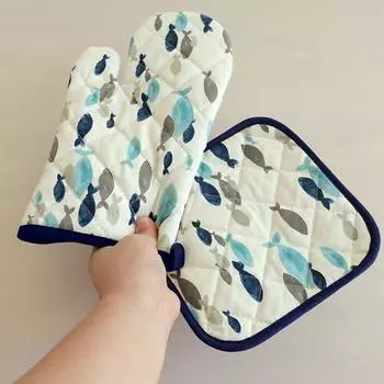1Pc Cotton Mediterranean Style Blue Fish Microwave Glove Baking Potholder Insulation Pad Table Mat S